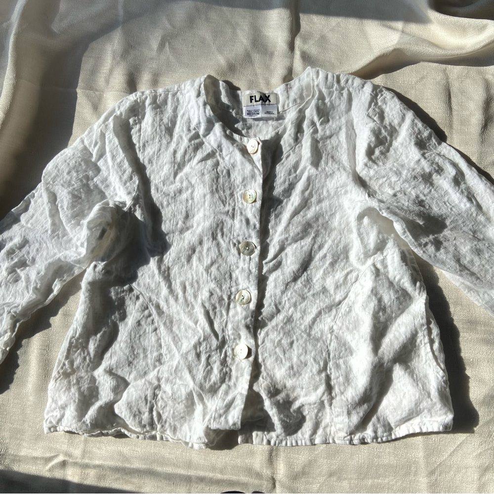 Flax 100% Linen White Button Up Blouse Top Collarless Lightweight Tunic